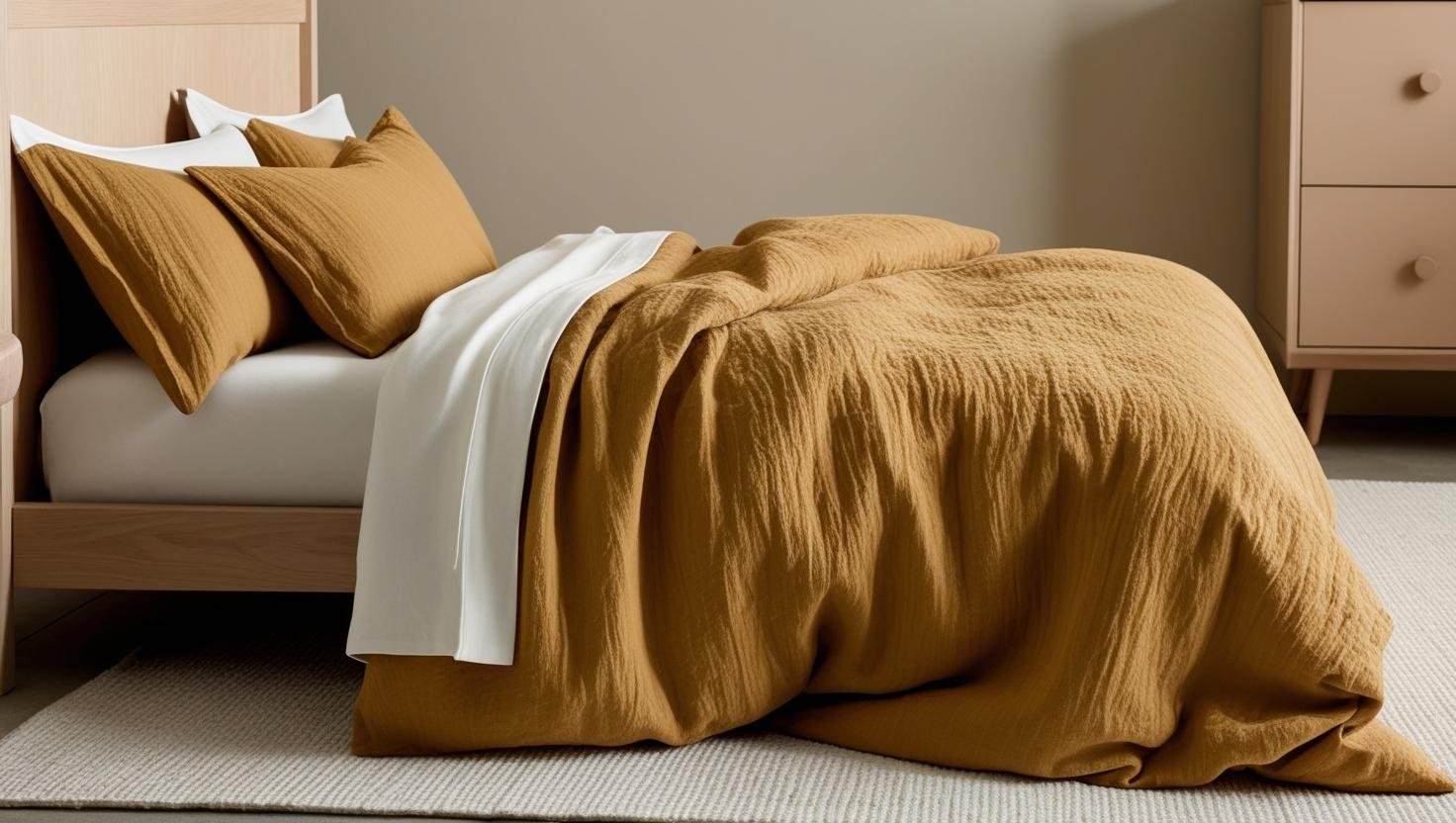 Mustard crinkled double-layer cotton bedset on a bed