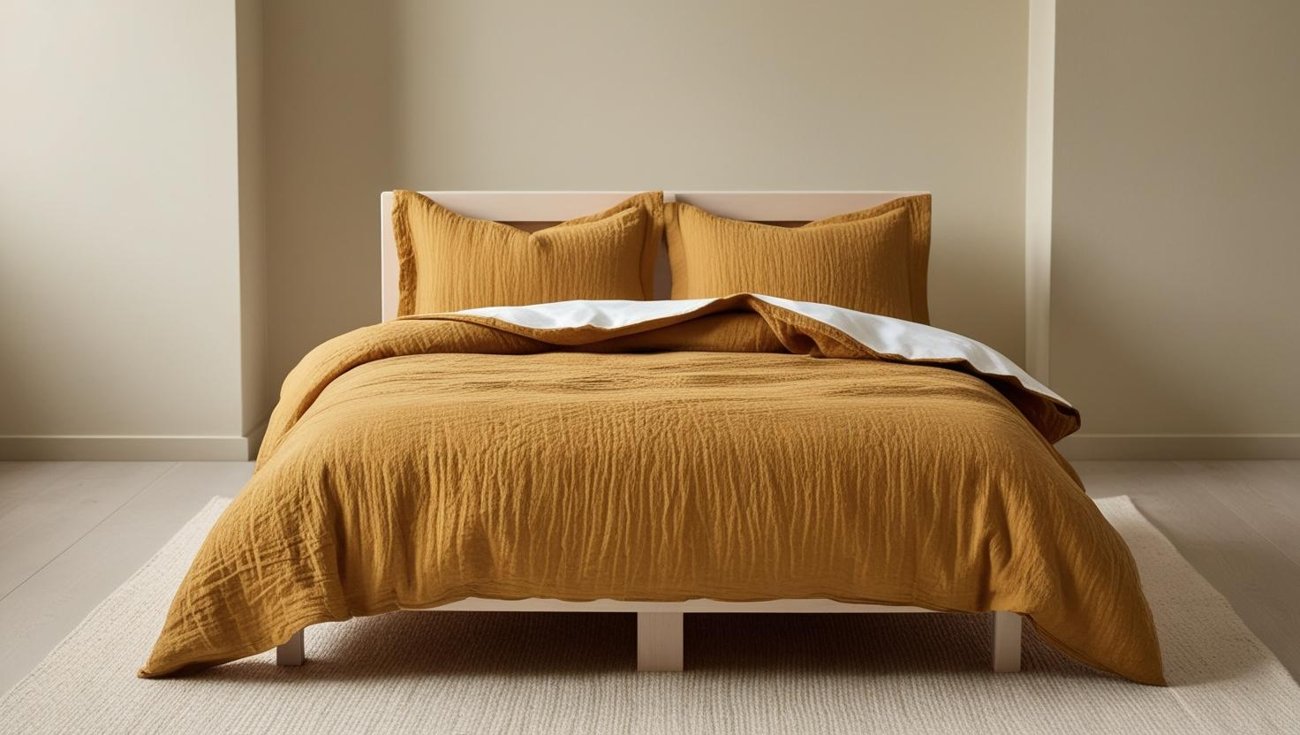 Crinkled cotton bedset — Mustard colourway