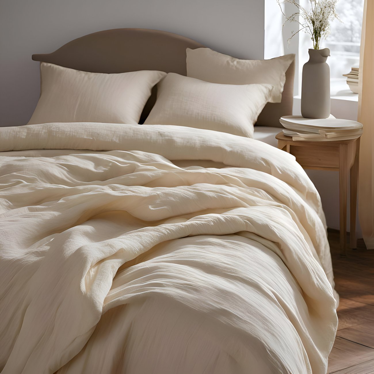 Natural-colourway crinkled cotton bedset on a bed